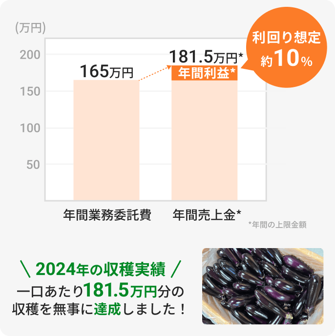 年間業務委託費が165万、年間売上金が181.5万円で、利回り想定は約10%です。2024年の収穫実績では、1口あたり181.5万円分の収穫を無事に達成しました。